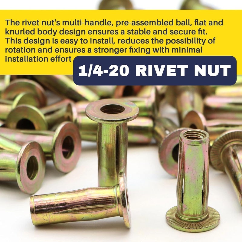 Terixe 50 Pack 1/4-20 Multi-Grip Rivet Nuts - Zinc-Plated Steel Construction Fasteners - Pre-Bulbed Shank - Flat Head Threaded Insert Plus Nut - Ideal for Household Items, Automobiles - Image 5